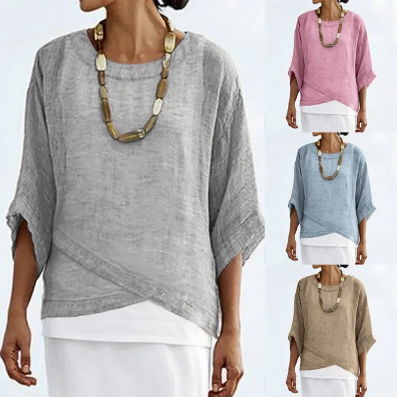 Футболка женская с круглым вырезом однотонная ассиметричная Повседневная