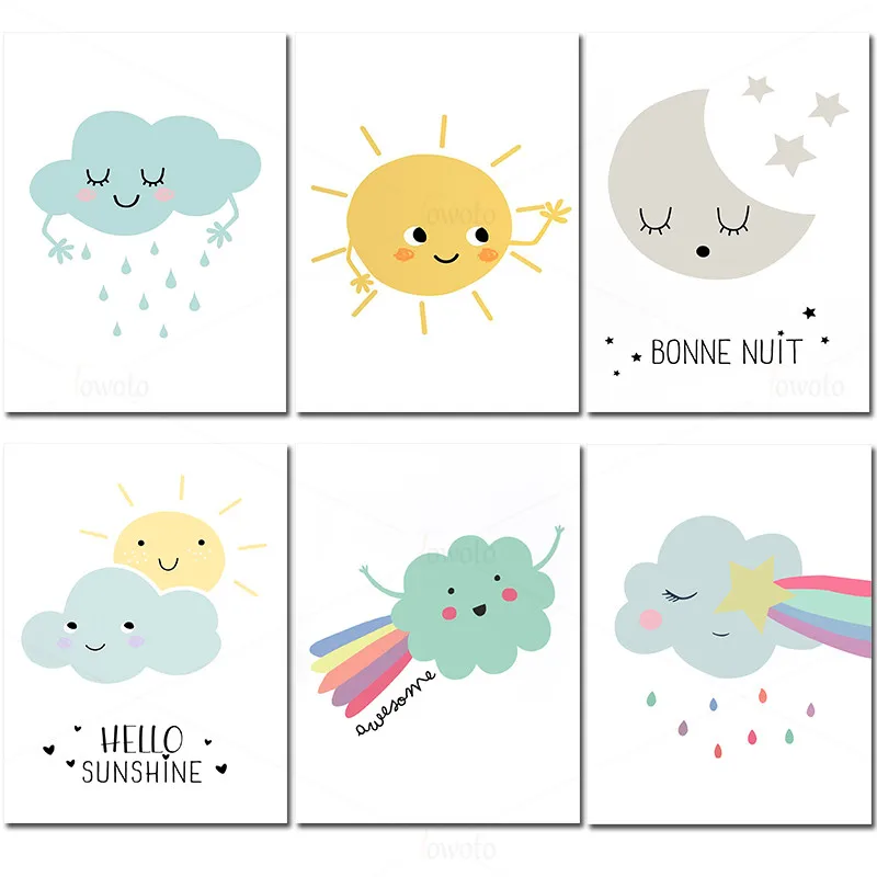 Мультяшный постер для погоды с милыми облаками луной солнцем Художественная