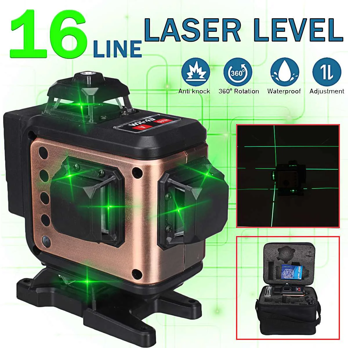 

Laser Level 16 Lines 4D Self-Leveling 360 Horizontal And Vertical Professional Green Laser Beam Line Build Measuring Tools