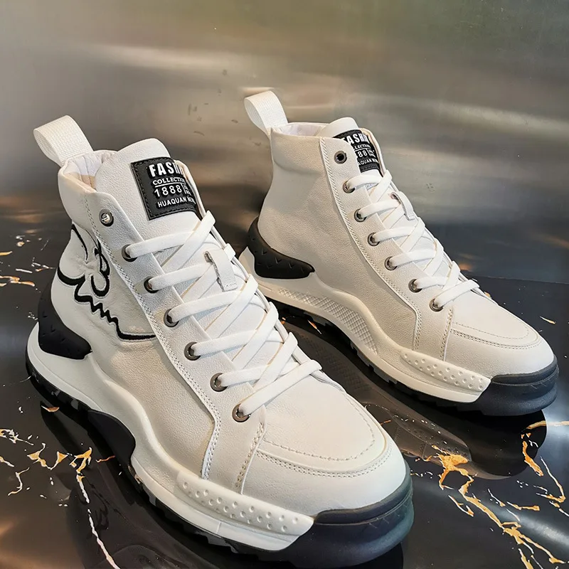 

Owen Seak Men High-TOP Ankle Boots Genuine Leather Sneaker Luxury Trainers Casual Lace-Up Street Wear Flats Black Shoes