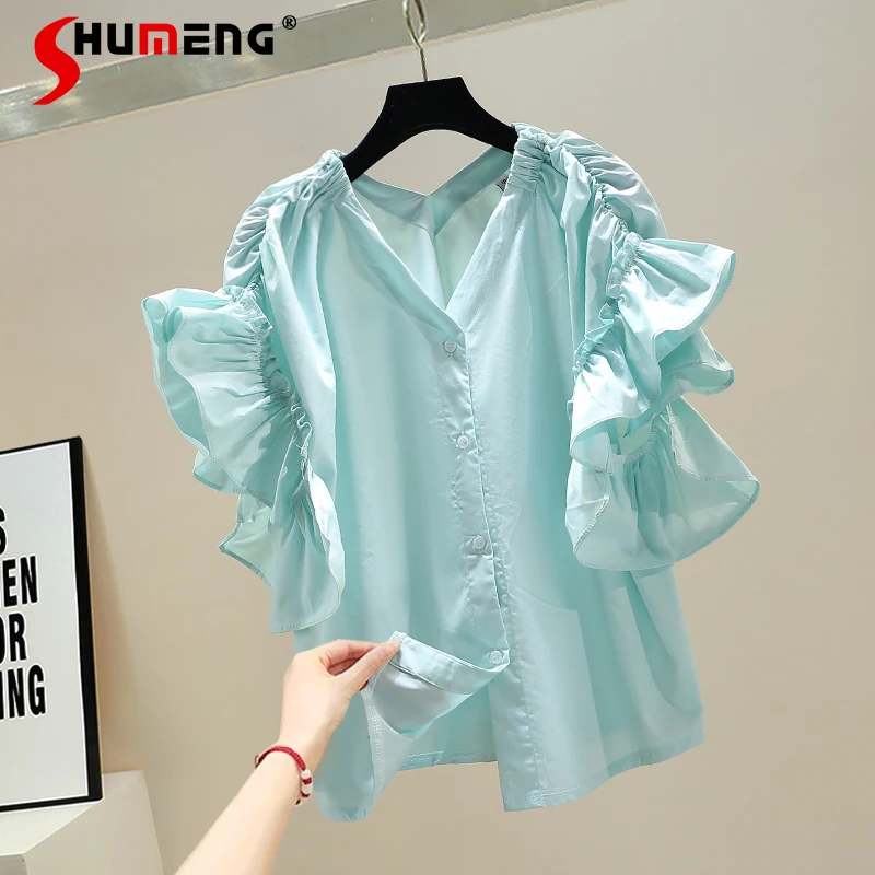 

2021 Summer New Fashion Sweet Loose Women Blusas Single-Breasted Ruffled V-neck Shirt Solid Short Sleeved Button Up Ladies Top