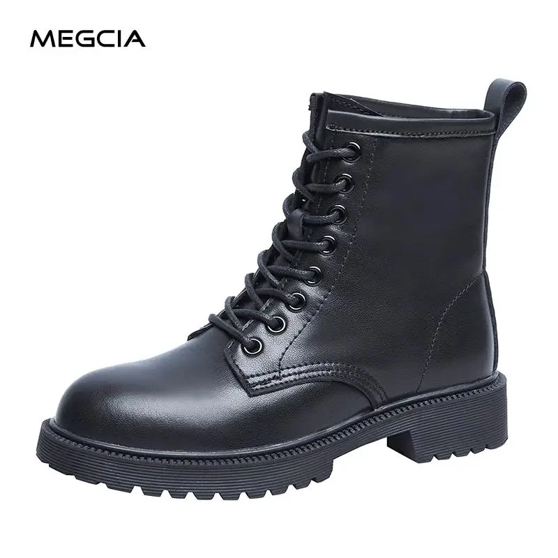 

MEGCIA Platform Boots With Thick Heel Leather Shoes Women Martin Boots Autumn Winter Ankle Boots Round Toe Black Shoes Female