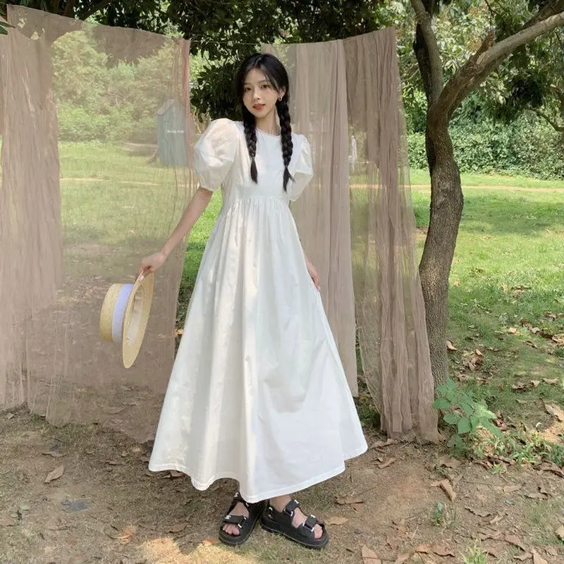 

Temperament Gentle Dress New Style Puff Sleeve O-neck Belt Skirt Female Thin Mid-length A-line Dresses for Women 2021 Summer