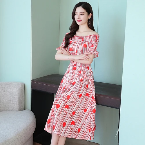 

Slash Neck Dress For Women Chiffon Dot Ladies Dresses Holiday Seaside Korean Dress Women's Summer Sundress Vestidos De Fiesta