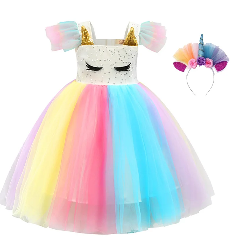 Новый 2020 для детей и единорогом девочек Радужное платье принцессы дня рождения