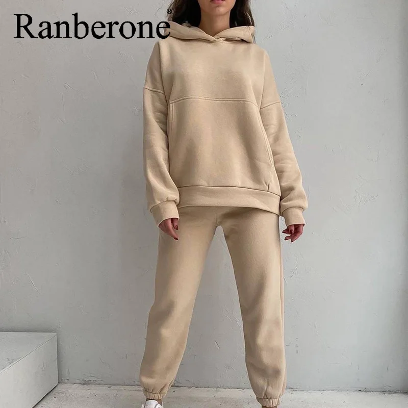 Ranberone Women Casual Fleece Two Piece Sets 2021 Streetwear Basic Tracksuit Hooded Pullover Sweatshirt And Outfit Pant Suit