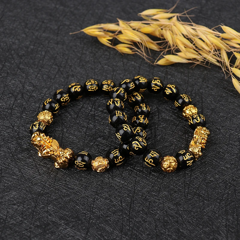 Men Women Stone Beads Bracelet Unisex Chinese Feng Shui Pi Xiu Obsidian Wristband Gold Wealth and Good Luck Bracelets | Украшения и