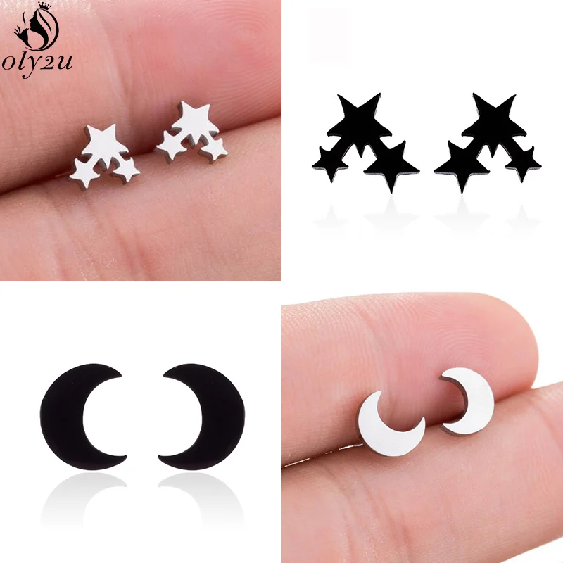Stainless Steel Female Jewelry Earings Minimalist Star Moon Stud Earrings for Women Girls Pircing Ear Studs pendientes 2020