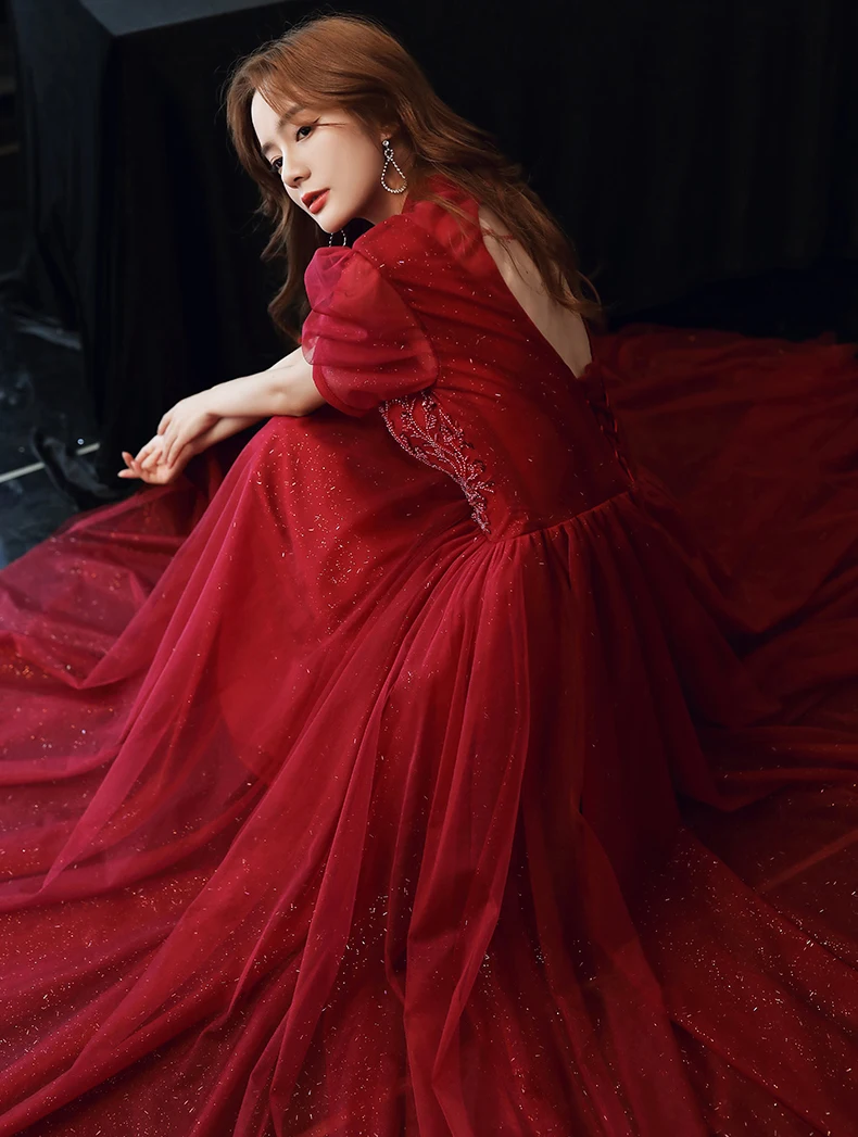 Женское вечернее платье с круглым вырезом AnXin SH винно-Красное Кружевное длинное