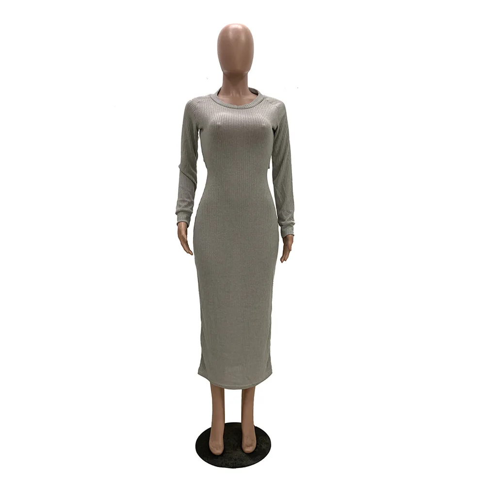 Однотонное сексуальное трикотажное платье миди с открытой спиной круглым