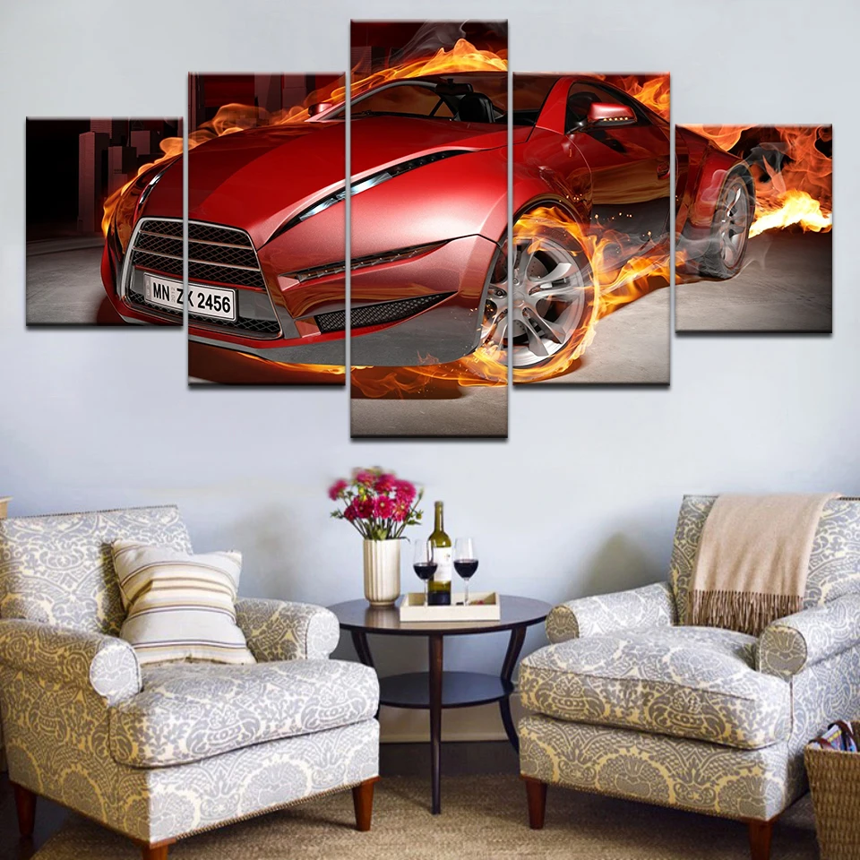 

Современный настенный плакат, 5 панелей, красная крутая спортивная машина, холст, принты, пейзаж, холст, живопись, модульная живопись, декора...
