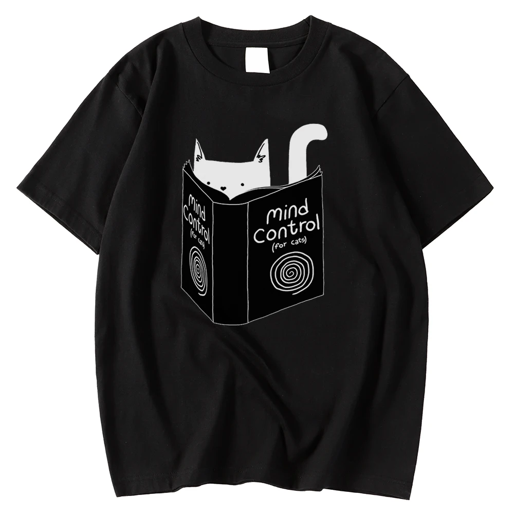 

Cat Read Book Mind Control Printed O-neck Comfortable Male Tees Shirt Summer Casual TshirtClothes Short Sleeves Tees Shirts Men