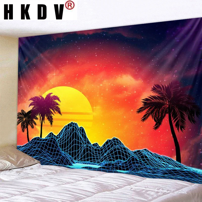 

HKDV Sunset Coconut Tree Mountain Tapestry Wall Hanging Wall Covering Rugs Background Cloth Beach Mat Blanket Art Home Decor
