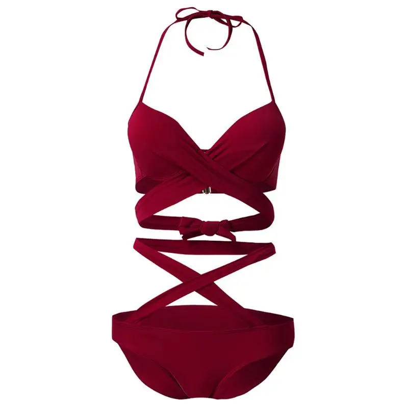 

Women Sexy Bikini Halter Cross Strappy Bandage Swimsuit Solid Color Beachwear