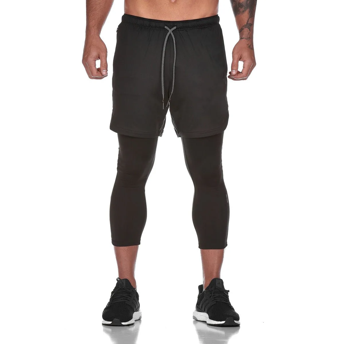 

Men Fitness Body Double Layer Shorts Man Spring Workout Men Breathable Quick Dry Sportswear Jogger Black White Causal Short Pant