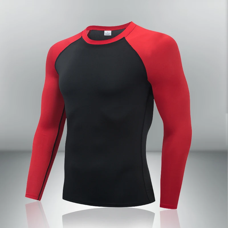 Men Compression Jogging T-shirt MMA Patchwork Raglan Sleeves Workout T shirt Long Sleeve Tees Sports Gym Thermal Underwear Top