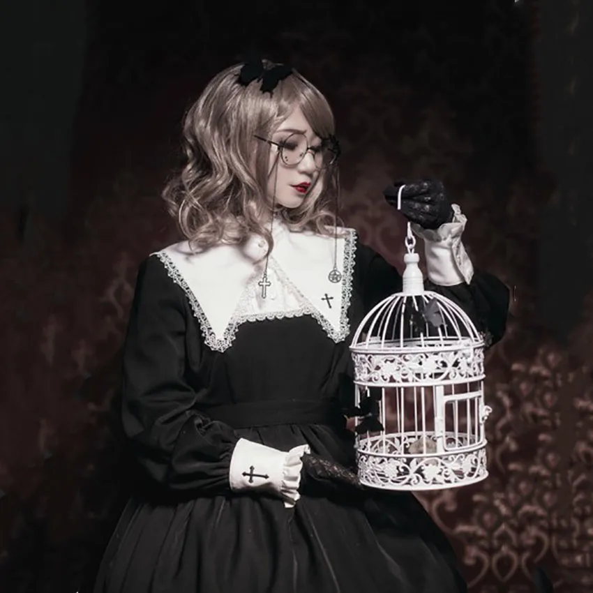 Gothic OP Dress for Women Lolita Black Cross Emboridery Navy Collar Japanese Kawaii Girls Carnival Party Court Princess Style