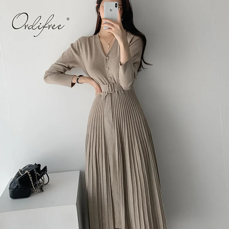 Женское трикотажное плиссированное платье Ordifree элегантное винтажное