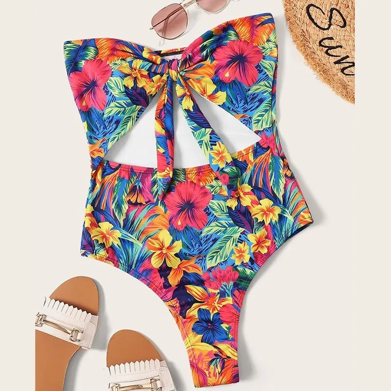 

Retro print floral print plus size 2020 women's clothing bikini swimsuit push-up women one bow summer floral swimsuit women