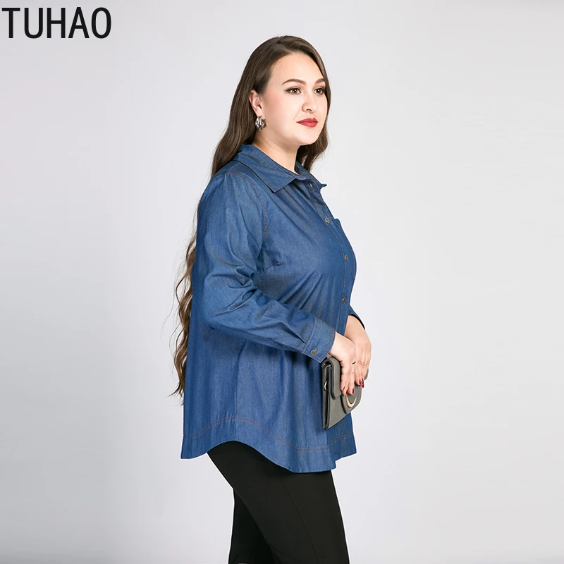 Женская джинсовая рубашка TUHAO голубая блузка с длинным рукавом 2020 8XL 7XL 6XL 5XL для
