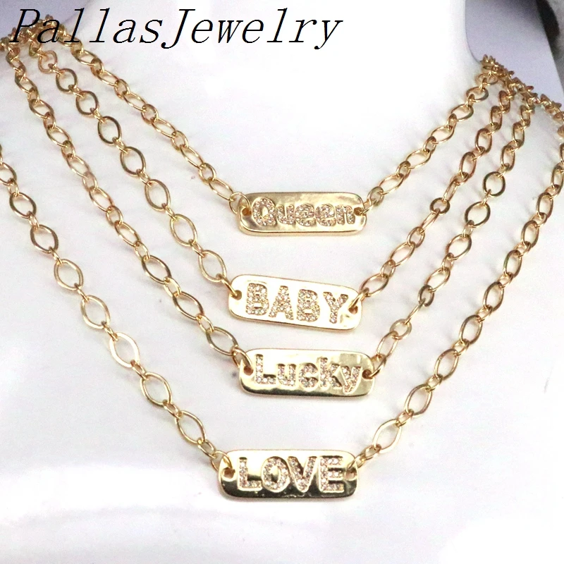

5Pcs Dainty cz charm necklace,plating cz micro pave Lucky Baby love pendant necklace,copper link chain jewelry
