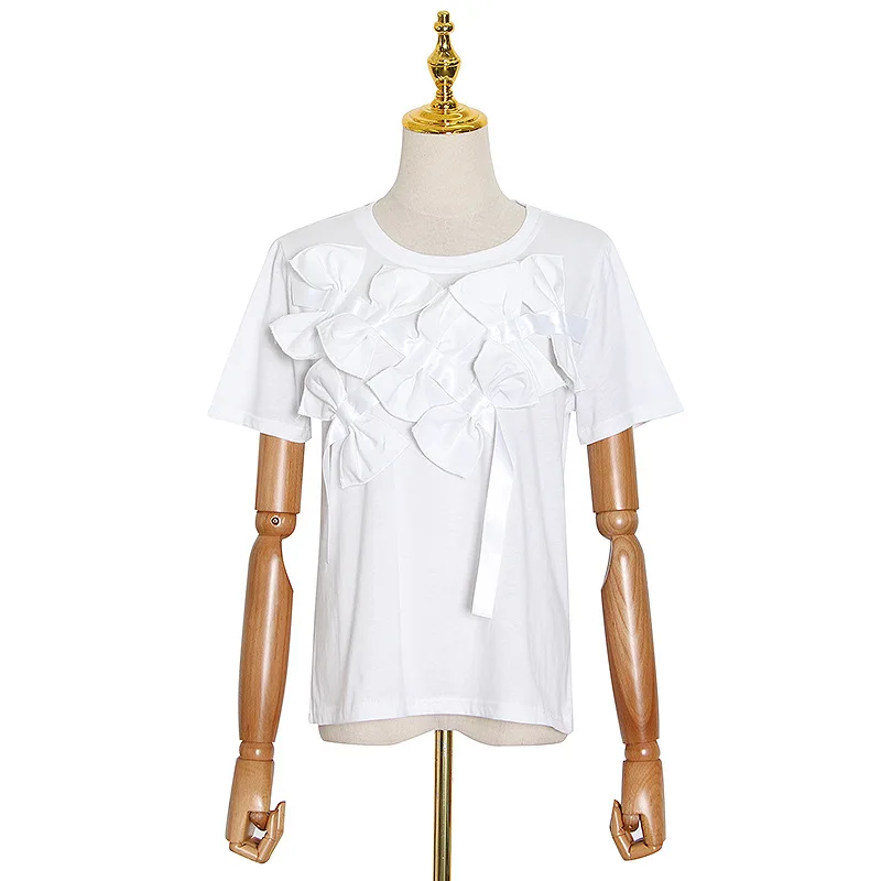 

Summer New Crewneck Ribbon Stereo Bow Decorative Solid Color Joker T-shirt Top