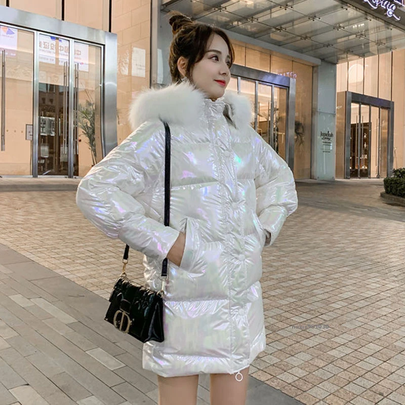 Winter Women Coats Fur Collar Windproof Bright Diamond Long Thick Warm Zipper Parkas 2021 Jacket Hooded Streetwear MY295 | Женская