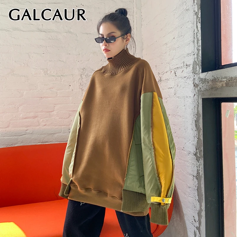 

GALCAUR Casual Sweatshirts For Women Turtleneck Long Lantern Long Sleeve Loose Patchwork Hit Color Pullovers Female 2021 Clothes