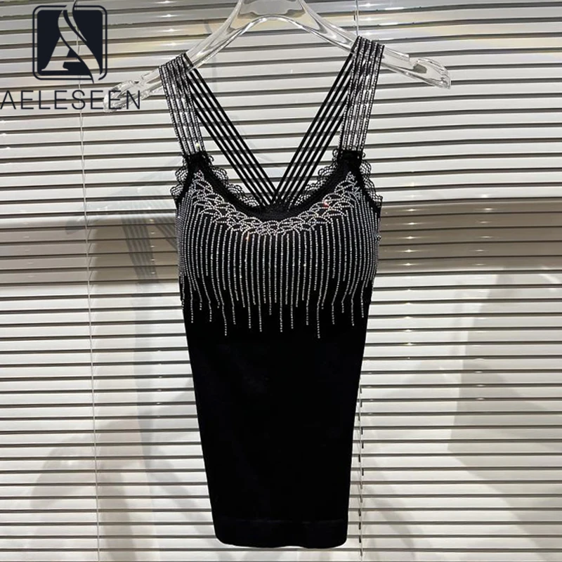 

AELESEEN Women Top Summer Spring New Fashion Design Women Runway Paded Sleeveless Lace Stripped Beading Crop Vest