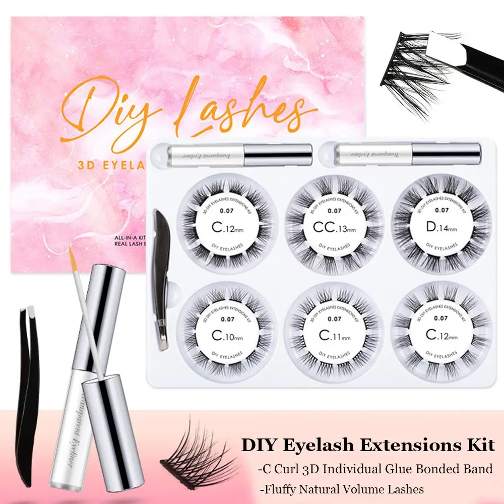 

72/80 Clusters DIY Eyelash Extensions Kit C Curl 3D Individual Glue Bonded Band Fluffy Natural Volume Lashes False Eyelashes Set