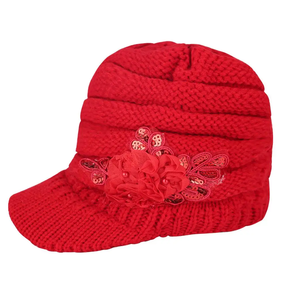 Женские зимние вязаные шапки с козырьком элегантная шерстяная шапка аппликацией