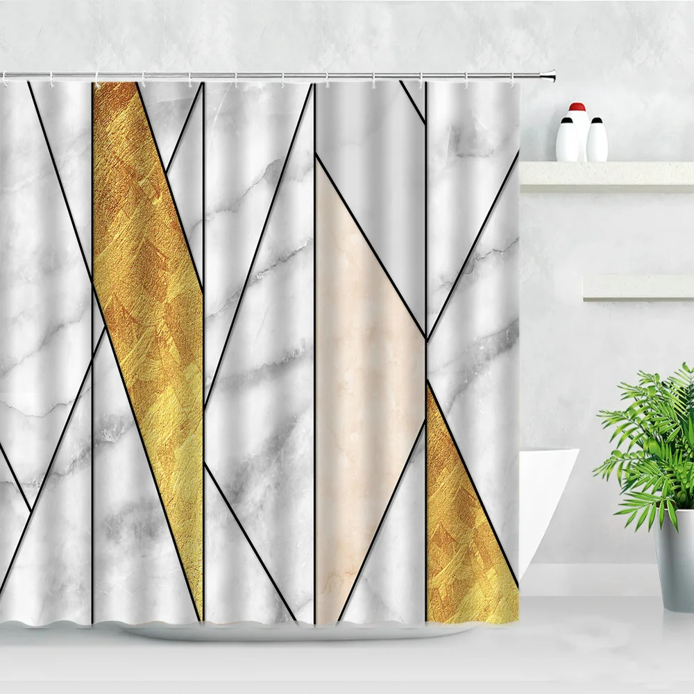 

Geometric Pattern Shower Curtains White Marble Golden Stripe Nordic Style Modern Home Bathroom Decor Waterproof Bath Curtain Set