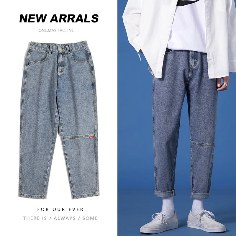 

Джинсы мужские прямые свободные, модные штаны синего цвета, простроченные штаны, в Корейском стиле, для мальчиков, на лето