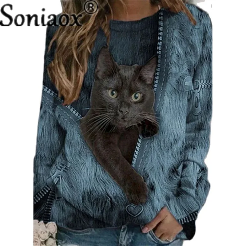 2021 Fashion Women Round Neck Pullover Cat Long Sleeve T-Shirt Casual Printed Autumn Cotton Long Ladies Shirt Loose Street Tops