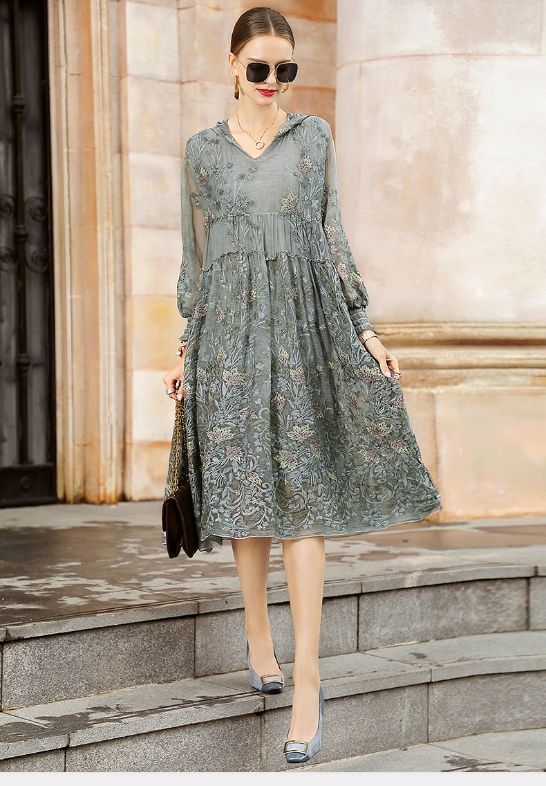 Шелковое платье 2020 весеннее женское новое из тутового шелка с вышивкой длинным