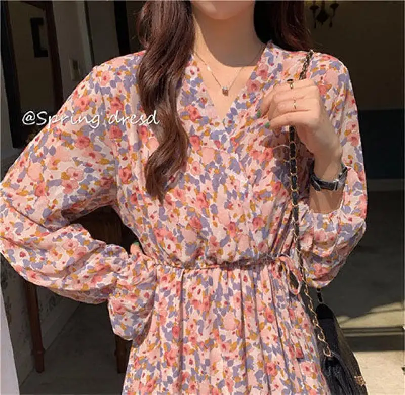 

Spring and Autumn Temperament, Small and Fresh, Waist and Thin Floral Dress, Female New Korean Style French Chiffon Midi Skirt