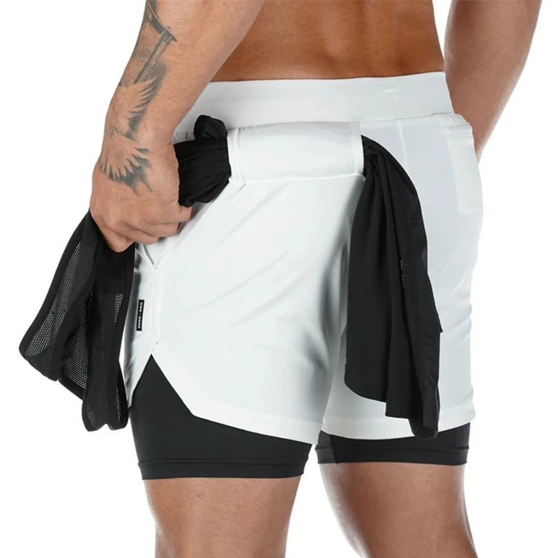 Double layer Quick Dry Jogger Shorts Men 2 in 1 Short Pants Gyms Fitness Built-in pocket Bermuda Beach Male Sweatpants | Мужская одежда