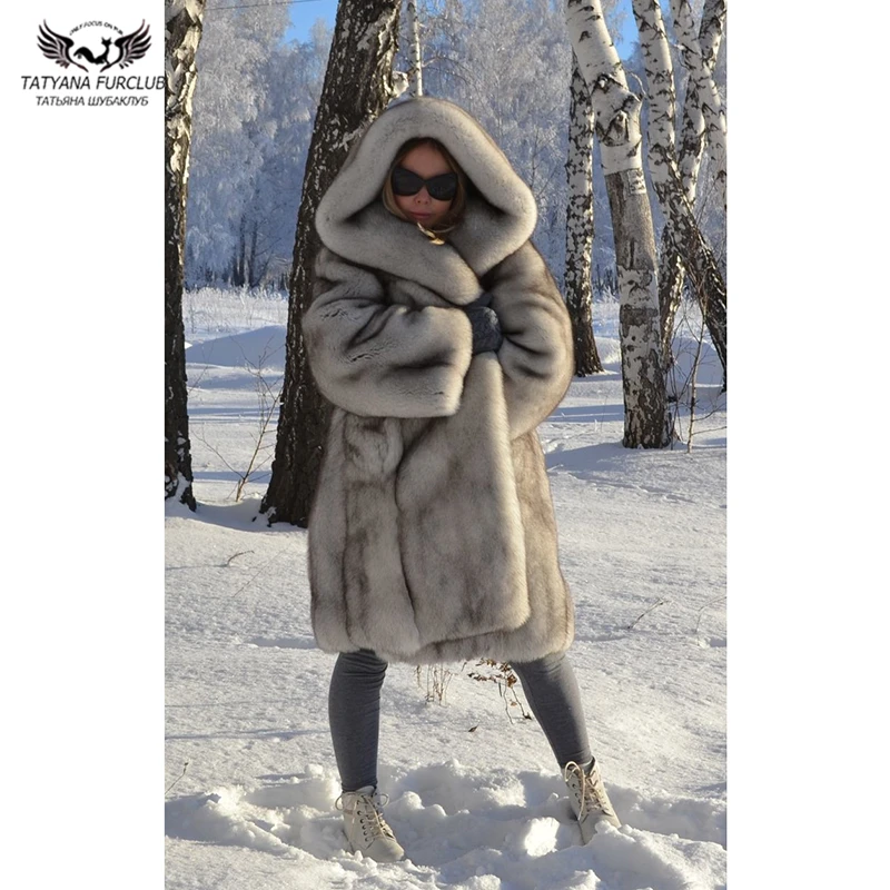 High Qulaity Natural Blue Fox Fur Coat Long Winter Fashion Women Real Fox Fur Overcoats With Hood Warm Fur Coats Female Luxury