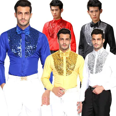 

New Designs Stylish Black Shiny Long Sleeve Mens Shirt Singer Fashion Brilliant Yellow Stage Performance Tuxedo Shirts for Men