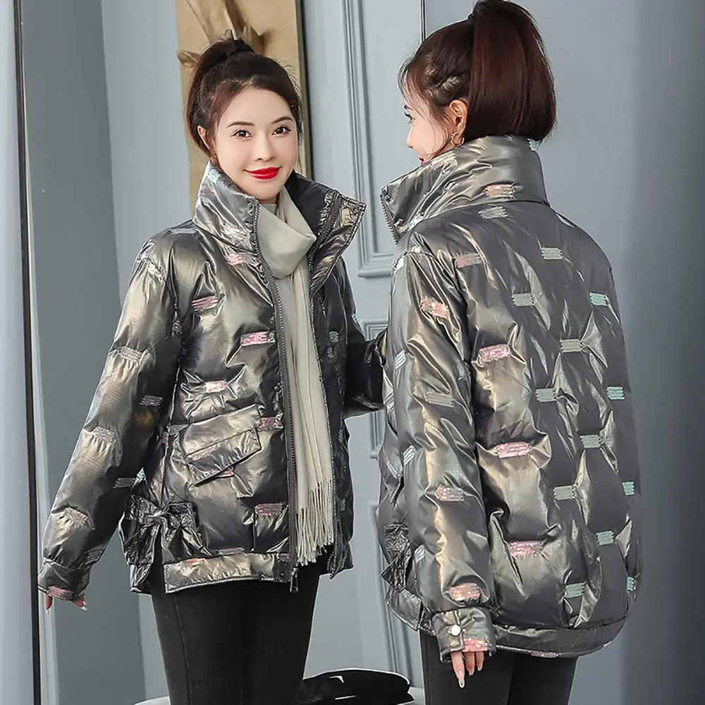 Vielleicht 2021 New Autumn Winter Women Coat Jacket Thick Parkas Warm Casual Slim Pocket Sequins Shiny Short Winter Jacket Women