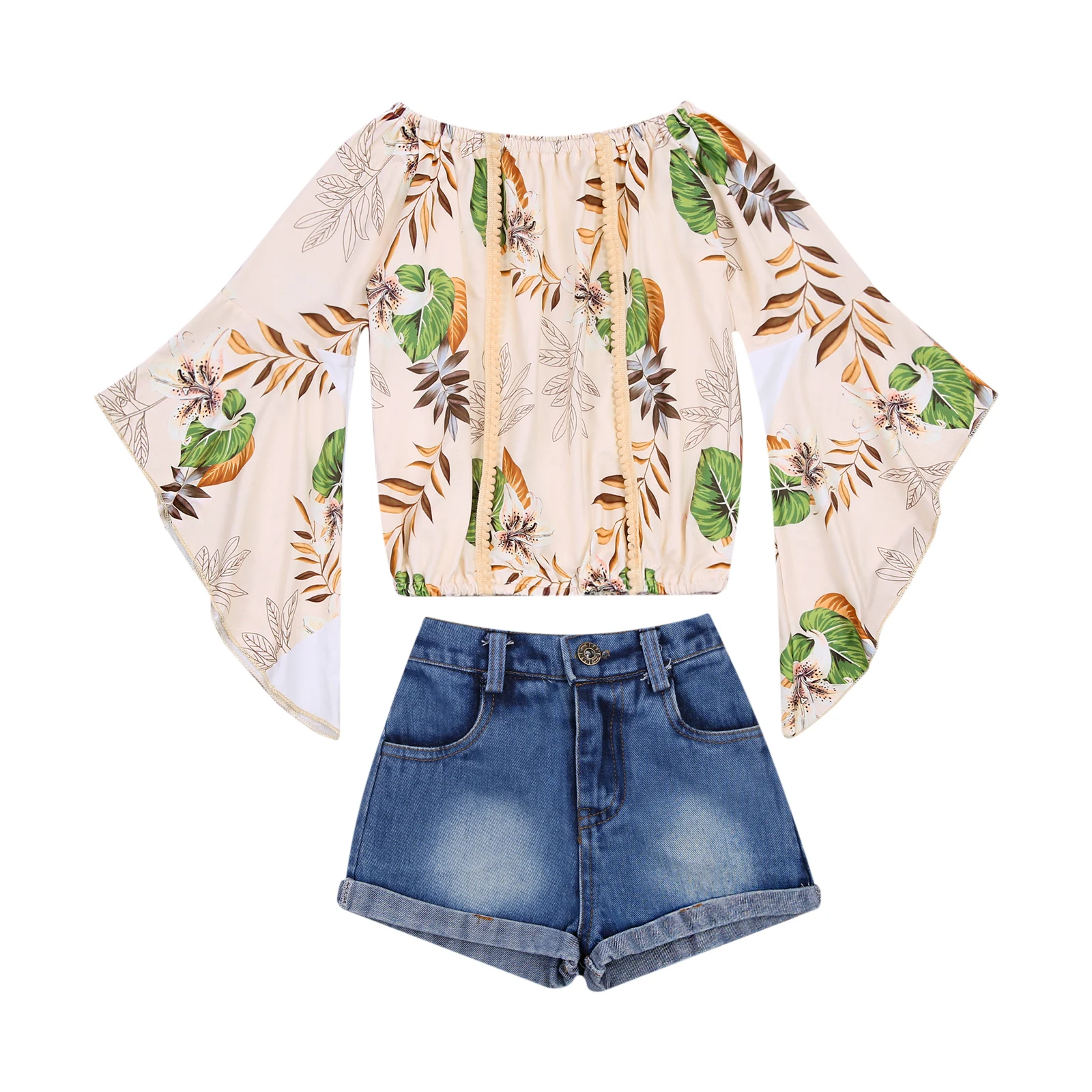 

Fashion Kids Girls Clothes Sets Off Shoulder Irregular Flare Sleeve T-shirt Tops with Short Ripped Jeans