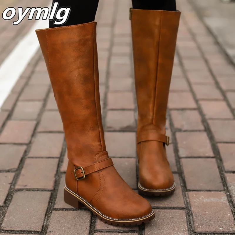 

Thigh high Boots brown Women Vintage leather Square Heel Zipper knee height buckle Boot Keep Warm Round Toe Shoes British Style