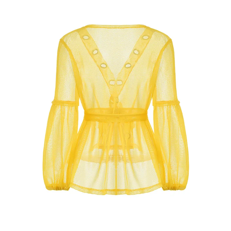 Женская желтая блузка топы Прозрачная Сексуальная Блузка с баской и поясом