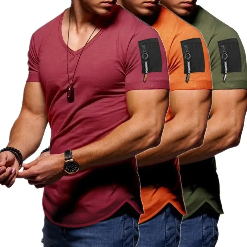 

2021 New Summer Zipper Short Sleeved Men T Shirt Casual V Neck Fashion Tshirt Male Fitness Streetwear Tees Tops US Size M-3XL