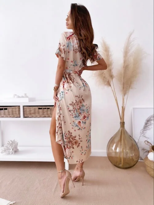 

Floral Print Chiffon Long Dress Summer Women Fashion Turn-down Collar Short Sleeve Midi Dresses Ladies Sexy Split Wiggle Dress