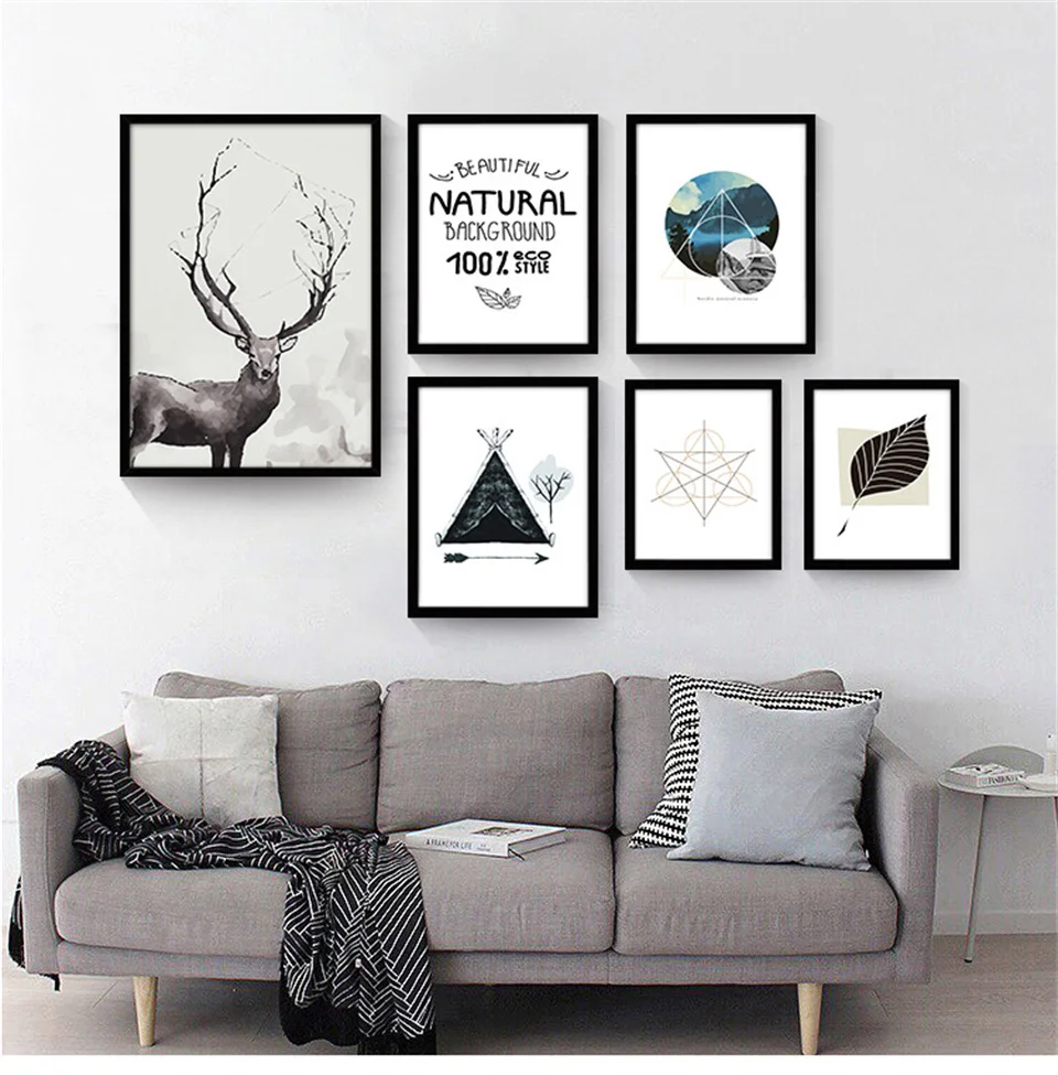 

Nordic Decorative Canvas Painting English Black and White Wall Posters Abstract Graphics Deers Leaves Paintings