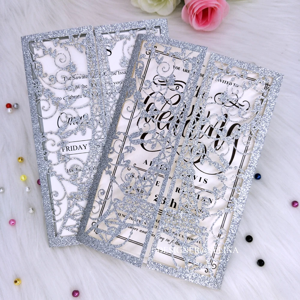 Серебряная блестящая башня Париж Лазерная вырезка приглашения для Quinceanera