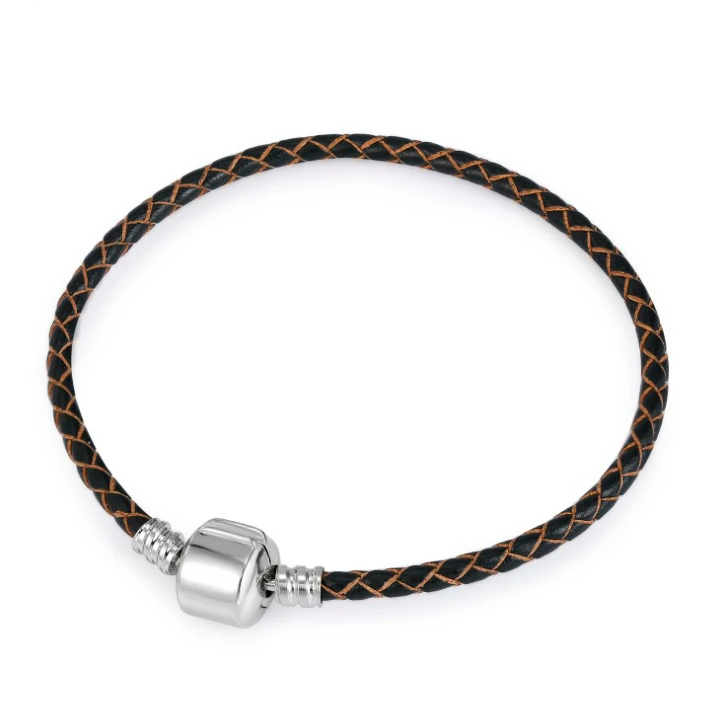 

LPC Silver Moments Single Braided Leather Charm chain Fit Women Original Bead Bangle DIY Jewelry MM