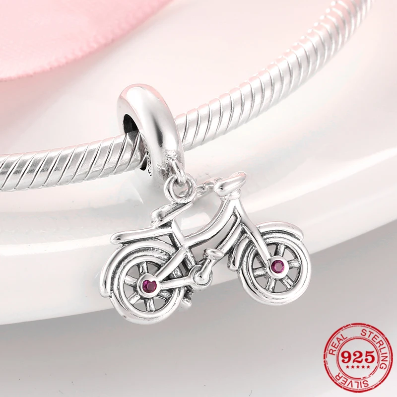 

JrSr new 100% 925 Sterling Silver Stylish Bicycle Pink CZ Bead Charms Fit European bracelet women DIY jewelry gift free shipping