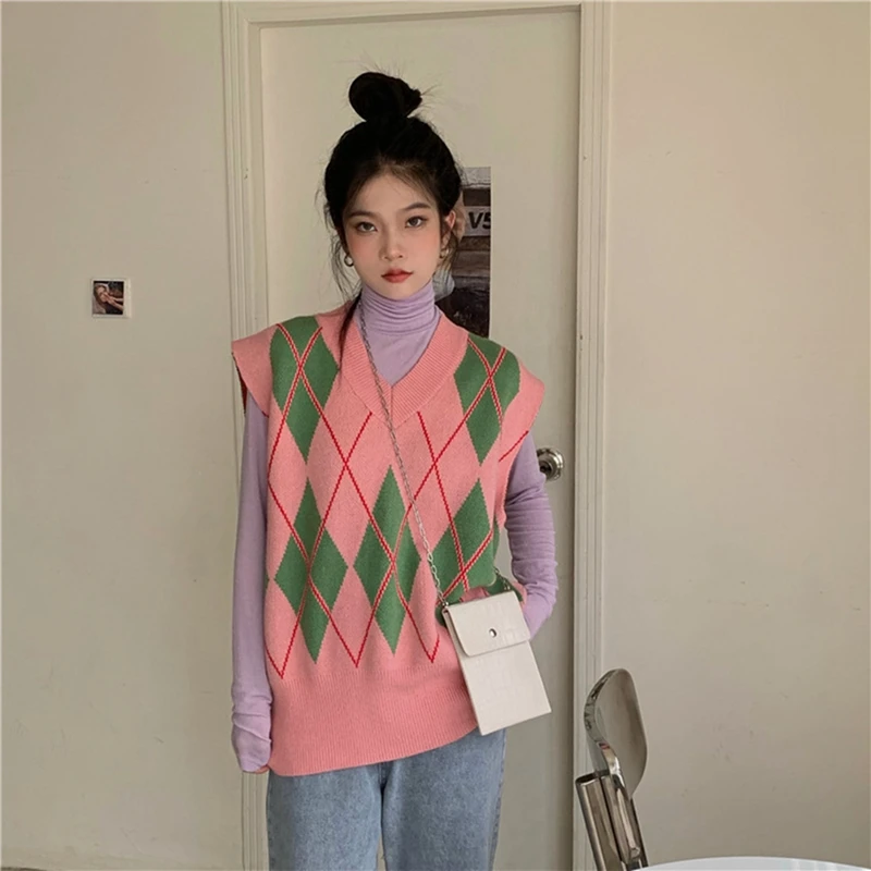 Женские контраст Алмаз жилет с рисунком свободные Джемпер треугольным воротом
